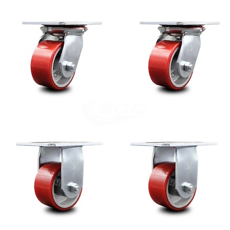 Service Caster 4 Inch Red Poly on Cast Iron Caster Set with Roller Bearings 2 Swivel 2 Rigid SCC-35S420-PUR-RS-2-R-2
